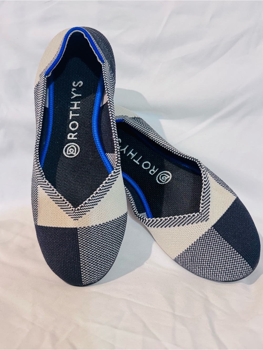 Rothy's The Flat Cap Toe Ballet Flats Women's 7.5 Black Cream Plaid Knit Shoes